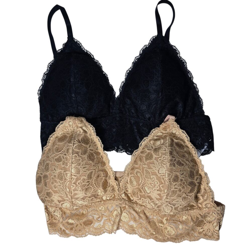 NEW Quince Stretch Lace Padded Triangle Bralette 2 Pack, Black/Clay Size Medium
